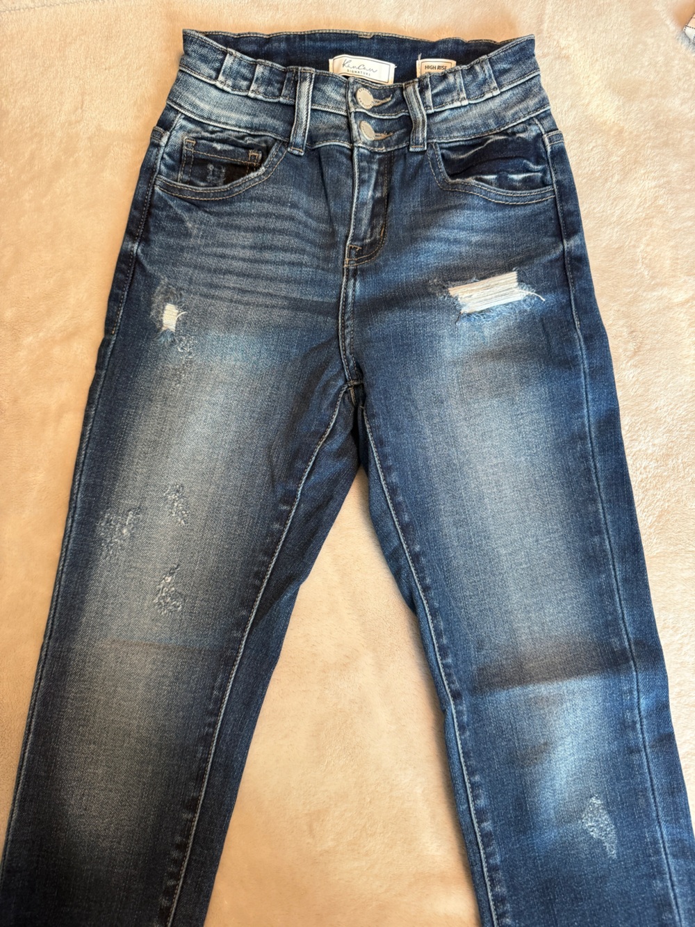 KanCan Women's Skinny Jeans in Medium Wash Blue with Distressing